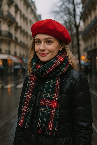 MARBERRY Green Houndstooth Double-Sided Scarf and French Painter Beret Set of 2