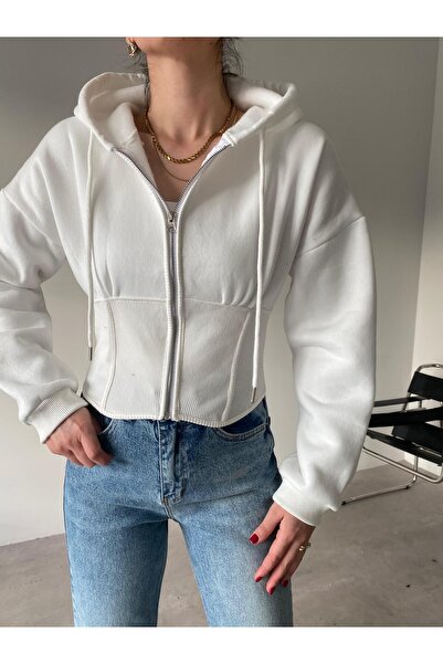 Bade Butik Beyaz Korse Detaylı Kapüşonlu Hırka