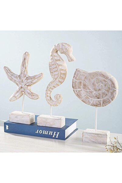 genernic Krepoli 3-Piece Modern Wooden Beach Sculptures - Starfish, Shell, Seahorse (Off-White)