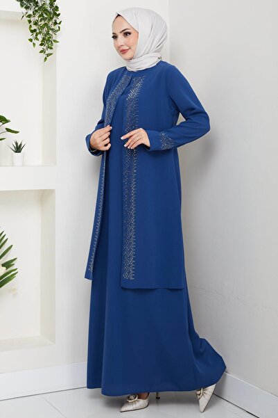 hafsamina Shiny Stone Plus Size Mother Dress Indigo Hm2856