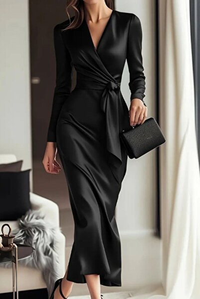Mossta Double-Breasted Long Satin Dress with Neckline Belt - Black