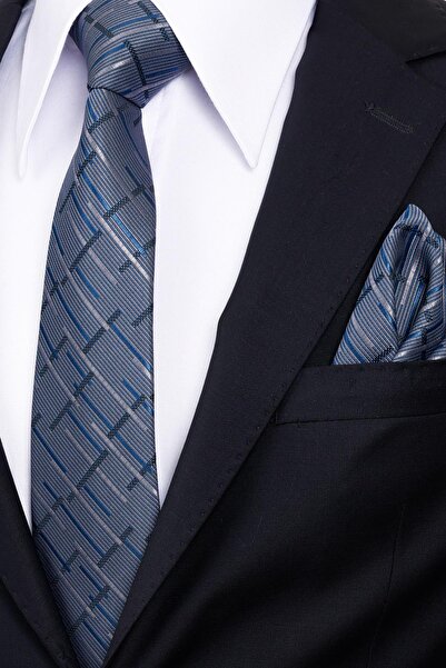 Esgue 8 cm Classic Wide Hand Made Navy Blue - Gray Striped Pattern Handkerchief Tie