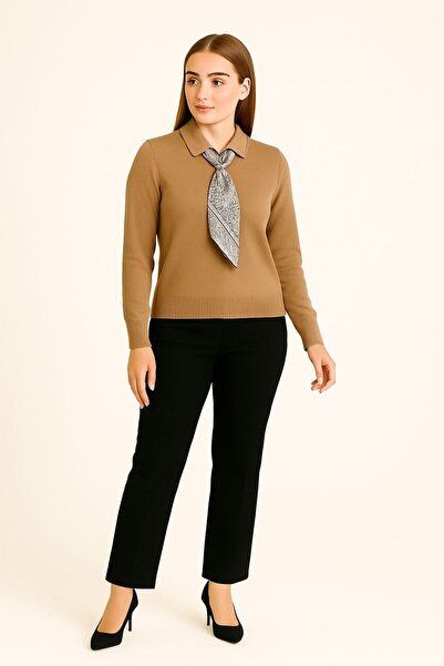 Sfg Life Moda Women's Shirt Collar and Scarf Detailed Knitwear Polo Sweater