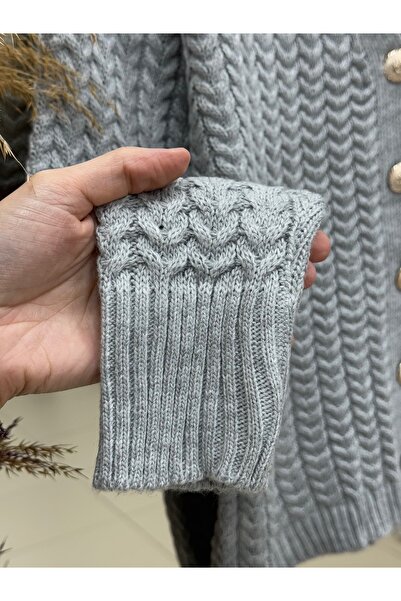 MİHRA STORE Lametta Gold Buttoned Knit Pattern Knitwear Cardigan-Sy478 Gray