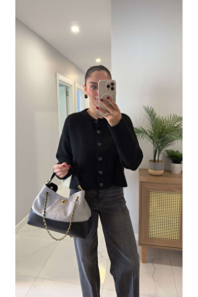 BİRCANÇİL Dlvin Fus Black Buttoned Slit Cardigan