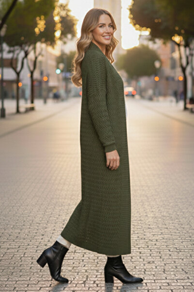 benguen Ζακέτα με μοτίβο ζιγκ-ζαγκ μακρύ πλεκτό R4470 Χακί