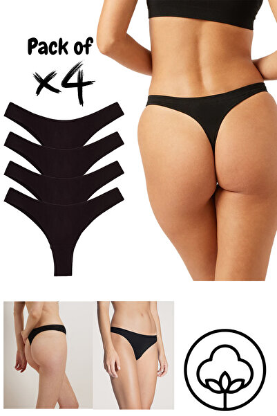 Yohannes Club Women'S, Cotton Basic Thong String Panties, Set of 4 Black, Ultra Soft Touch