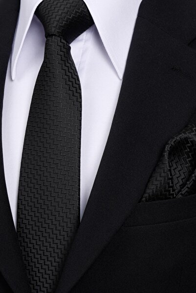 Esgue 8 cm Classic Wide Hand Made Black Striped Pattern Handkerchief Tie