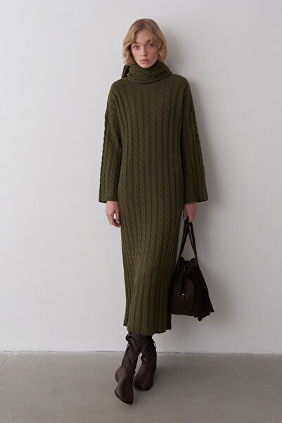 Mathilda Store Haki Saç Örgü Atkılı Triko Elbise