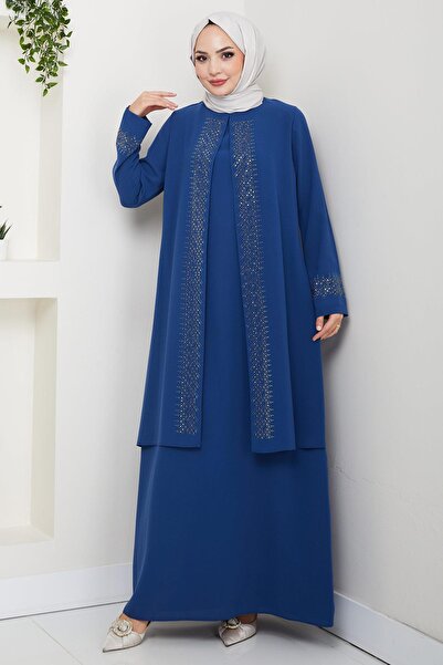 hafsamina Shiny Stone Plus Size Mother Dress Indigo Hm2856