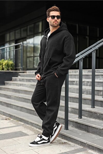 Madmext Black Double Zipper Hooded Tracksuit Set E7175
