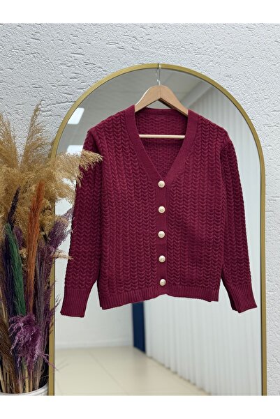 MİHRA STORE Lametta Gold Buttoned Knitted Pattern Knitwear Cardigan-Sy478 Burgundy