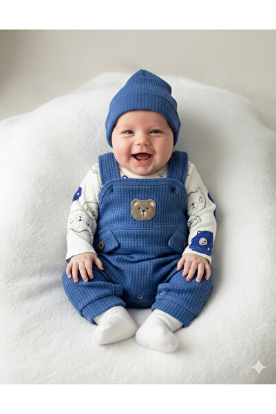 NAFİTO NAFİTTO Ayıcık Nakışlı Erkek Bebek 3’lü Tulum Seti – Zıbın, Tulum Ve Çorap | 3-6-9 Ay