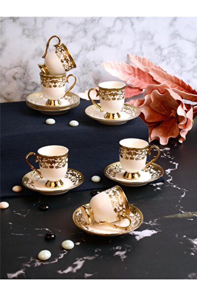 Paçi Kabartmalı Yaldızlı Ayaklı 6 Kişilik Türk Kahve Fincan Takımı – 90 ml