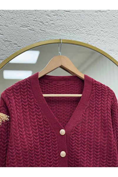 MİHRA STORE Lametta Gold Buttoned Knitted Pattern Knitwear Cardigan-Sy478 Burgundy