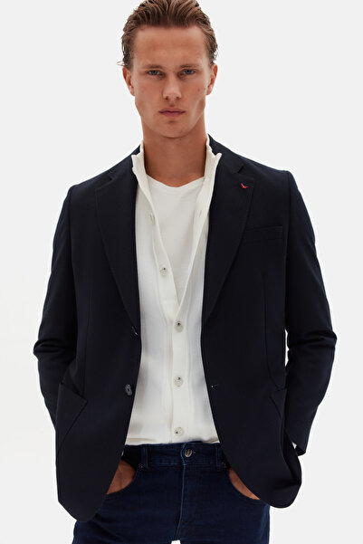 D'S Damat Ds Damat Comfort Fit Navy Blue Plain Fabric Jacket
