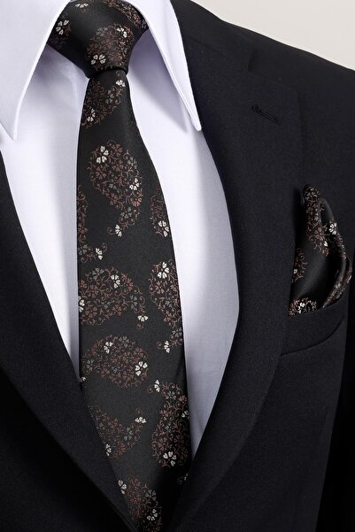 Esgue 8 cm Classic Wide Hand Made Black - Brown Drop Pattern Handkerchief Tie