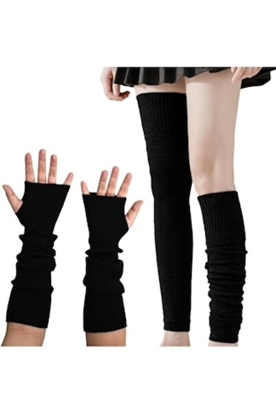 DELPI - Set of Long Leg Warmers and Fingerless Gloves, Black, One Size