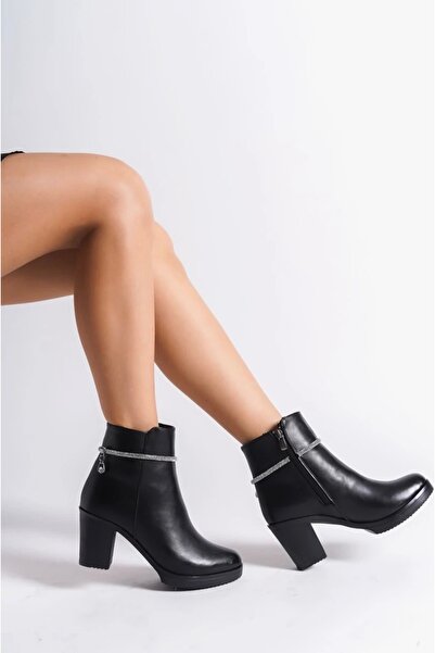 Anıl Ayakkabı Lotus Women's Black Ankle Stone Detail Zippered Thick Heel Boots