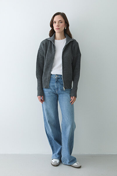 Laluvia Anthracite Double Zipper Cardigan - 251080