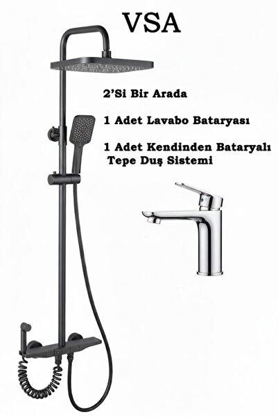 VSA Yeni Mars Antrasit Tuşlu Tepe Duş Yağmurlama Banyo Robot Seti Ve Krom Lavabo Çift Girişli Batarya