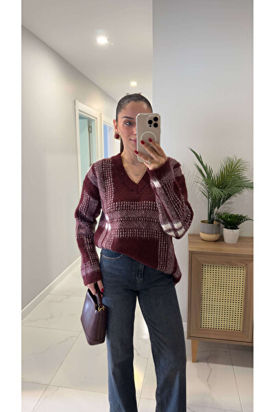 BİRCANÇİL Bredry Burgundy Cream V-Neck Knitwear
