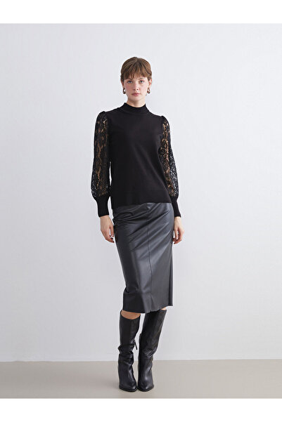 LC Waikiki Classic Black Half Turtleneck Lace Detailed Women's Knitwear Sweater