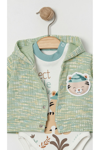 Yumilio Organic Cotton Little Explorer Kaplan Printed Hooded Cardigan Bodysuit and Pants 3-Piece Baby Boy Set