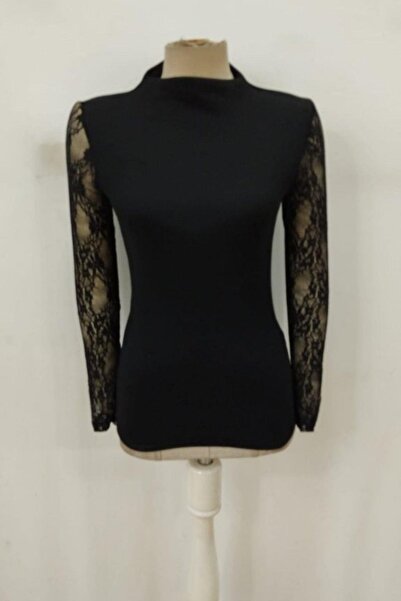 Mossta Turtleneck Tulle Ribbed Knit Blouse - Black