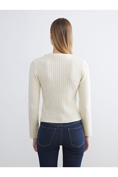 LC Waikiki Vision Ecru Crew Neck Beaded Embroidered Women's Knit Sweater