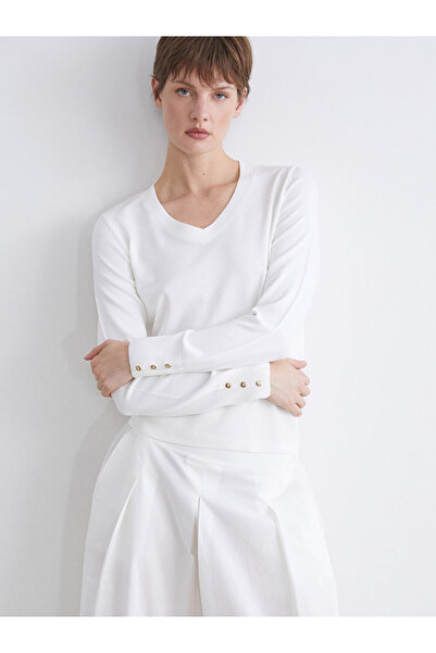 LC Waikiki Classic Ecru V-Neck Women's Knit Sweater