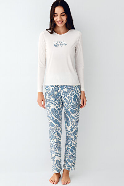 Pierre Cardin Women's Cream-Blue Round Half-Collar Modal-Cotton 2-Piece Pajama Set Vr.11.P90.C74.Y01