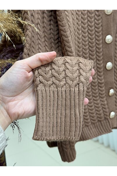 MİHRA STORE Lametta Gold Buttoned Knitted Pattern Knitwear Cardigan-Sy478 Mink