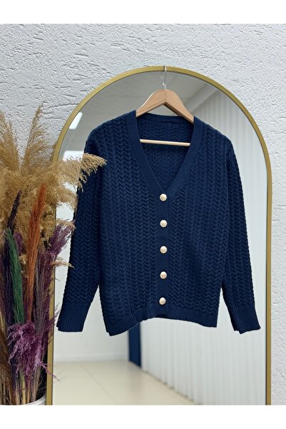 MİHRA STORE Lametta Gold Buttoned Knit Pattern Knitwear Cardigan-Sy478 Navy Blue