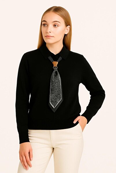 HİRA LİFE FASHİON Pulover de damă cu guler polo, cu detaliu eșarfă