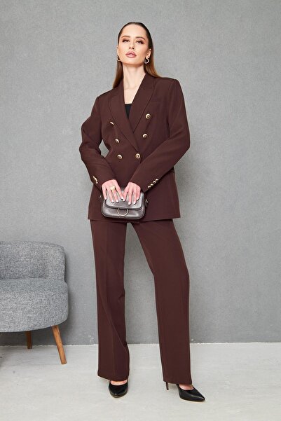 SheBoss Gold 6 Düğmeli Kruvaze Takım Kahve