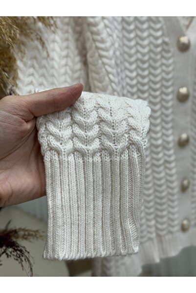 MİHRA STORE Lametta Gold Buttoned Knitted Pattern Knitwear Cardigan-Sy478 White
