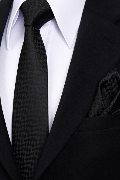 Esgue 8 cm Classic Wide Hand Made Black Shadow Patterned Handkerchief Tie