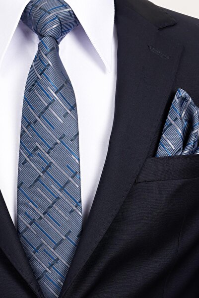 Esgue 8 cm Classic Wide Hand Made Navy Blue - Gray Striped Pattern Handkerchief Tie