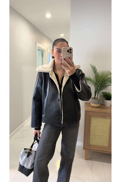 BİRCANÇİL Newita Black Leather Jacket with Fur Collar Detail