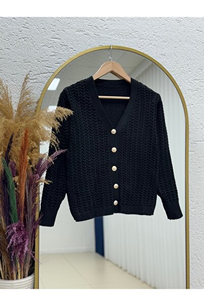 MİHRA STORE Lametta Gold Buttoned Knit Pattern Knitwear Cardigan-Sy478 Black