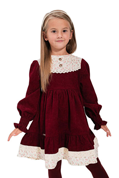 SOLLUXE AYSEL – Velvet dress with flared skirt, floral details and vintage lace appliqués, burgundy, 116