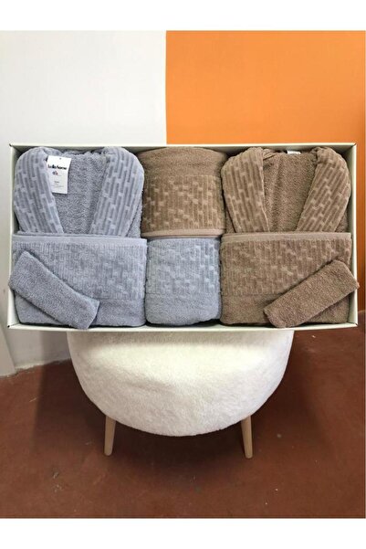 Çeyiz Diyarı Su Yolu 8 Piece Family Bathrobe Set Light Gray - Dark Beige