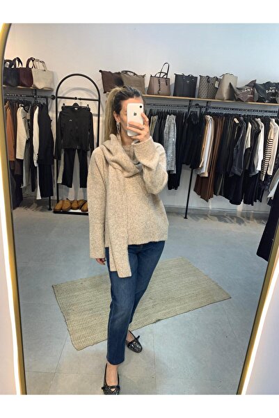 Ecenin Favorileri Beige Women's Sweater with Scarf Detail