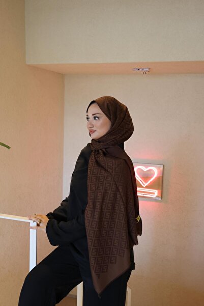 Şalland F Pattern Wool Cashmere Shawl Chocolate Brown