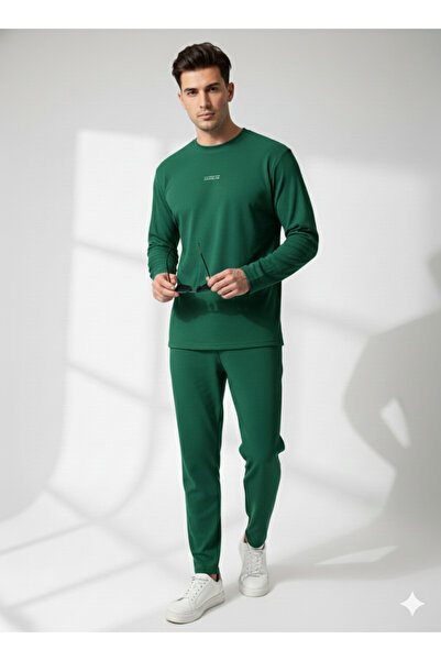 ribana Unisex Crew Neck Embossed Printed Inside Cotton Pocketed Top and Bottom Set