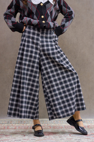 KÜÇÜĞÜM BUTİK Siyah-Bordo Kareli Çift Pileli Ekose Pantolon
