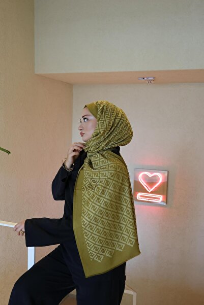 Şalland F Pattern Wool Cashmere Shawl Oil Green