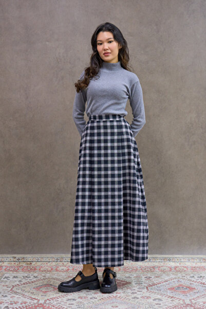 KÜÇÜĞÜM BUTİK Black Burgundy Striped Double Pleated Plaid Skirt