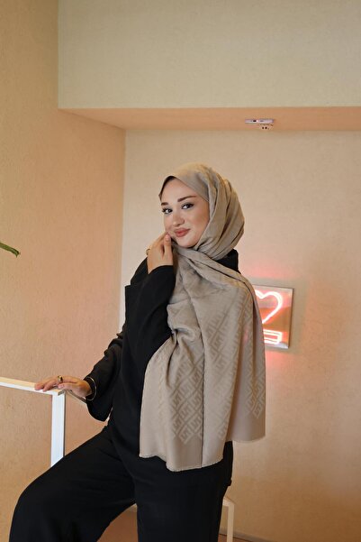 Şalland F Pattern Wool Cashmere Shawl Sand Beige